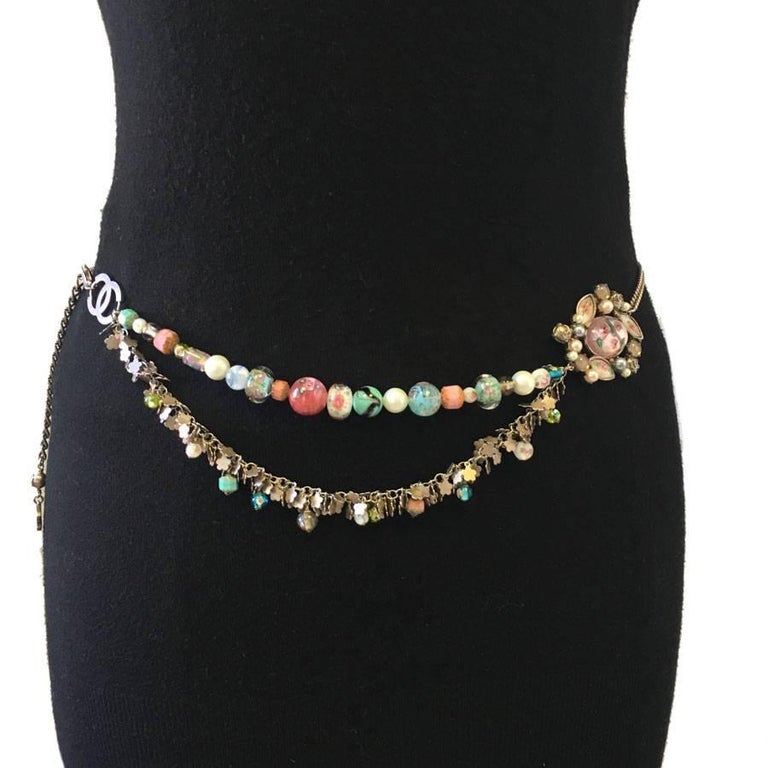 Chanel CC Pearls and Transparent Molten Glass Beads Silver Chain Belt ...