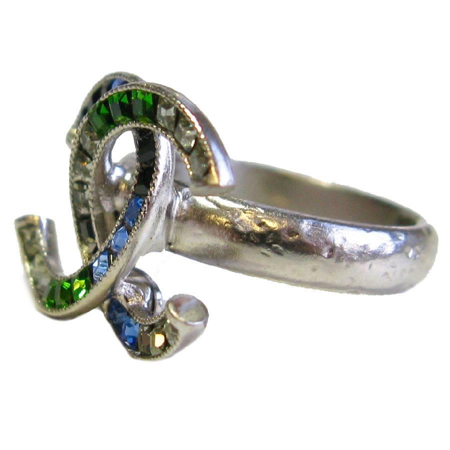 CHANEL CC Ring in Silver Metal and Colored Rhinestones Size 50FR