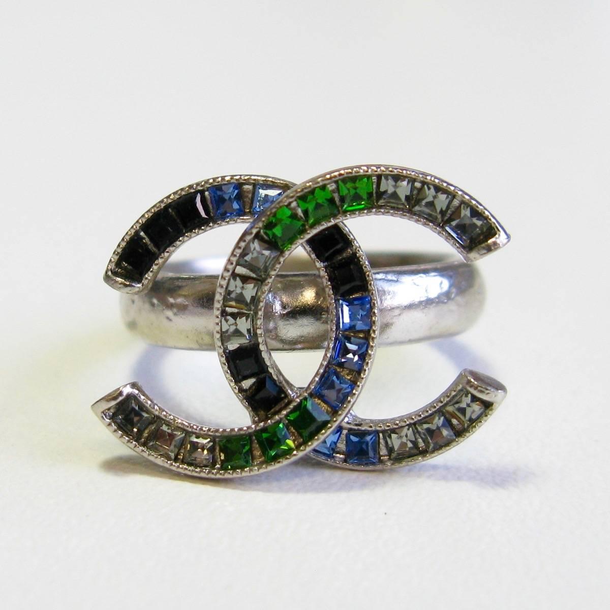 Women's CHANEL CC Ring in Silver Metal and Colored Rhinestones Size 50FR