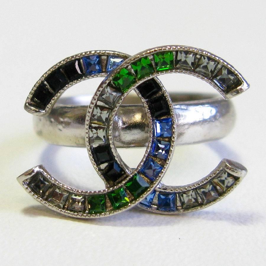 CHANEL CC Ring in Silver Metal and Colored Rhinestones Size 50FR 1