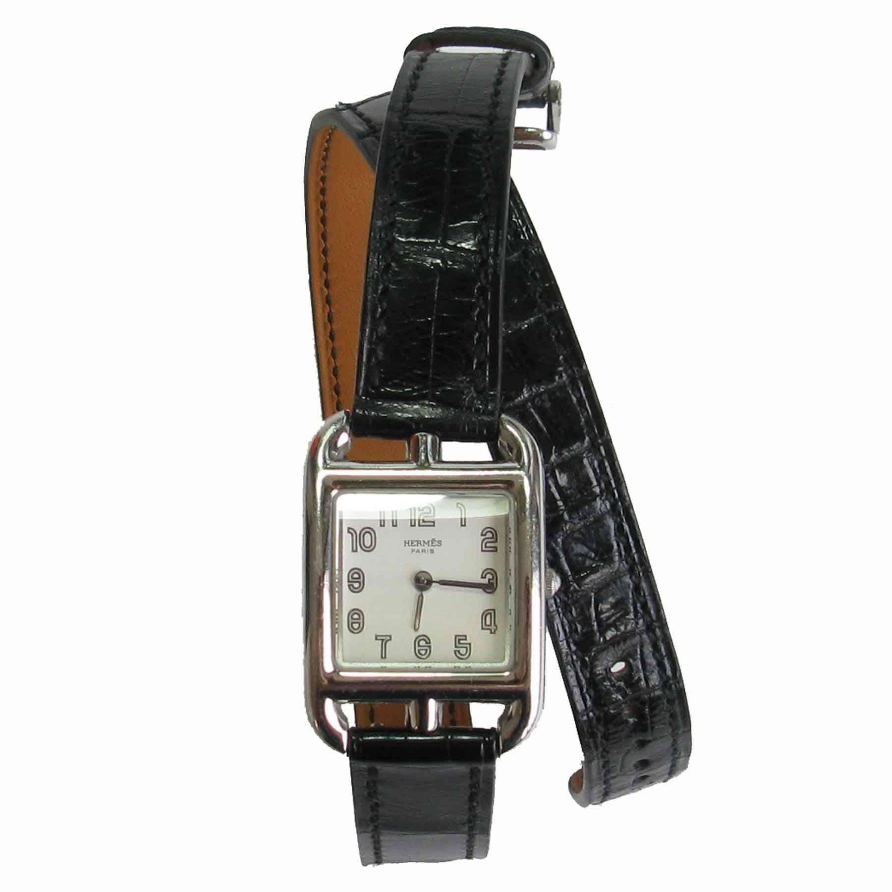 Hermès Stainless Steel Cape Cod black alligator Quartz Wrist watch  