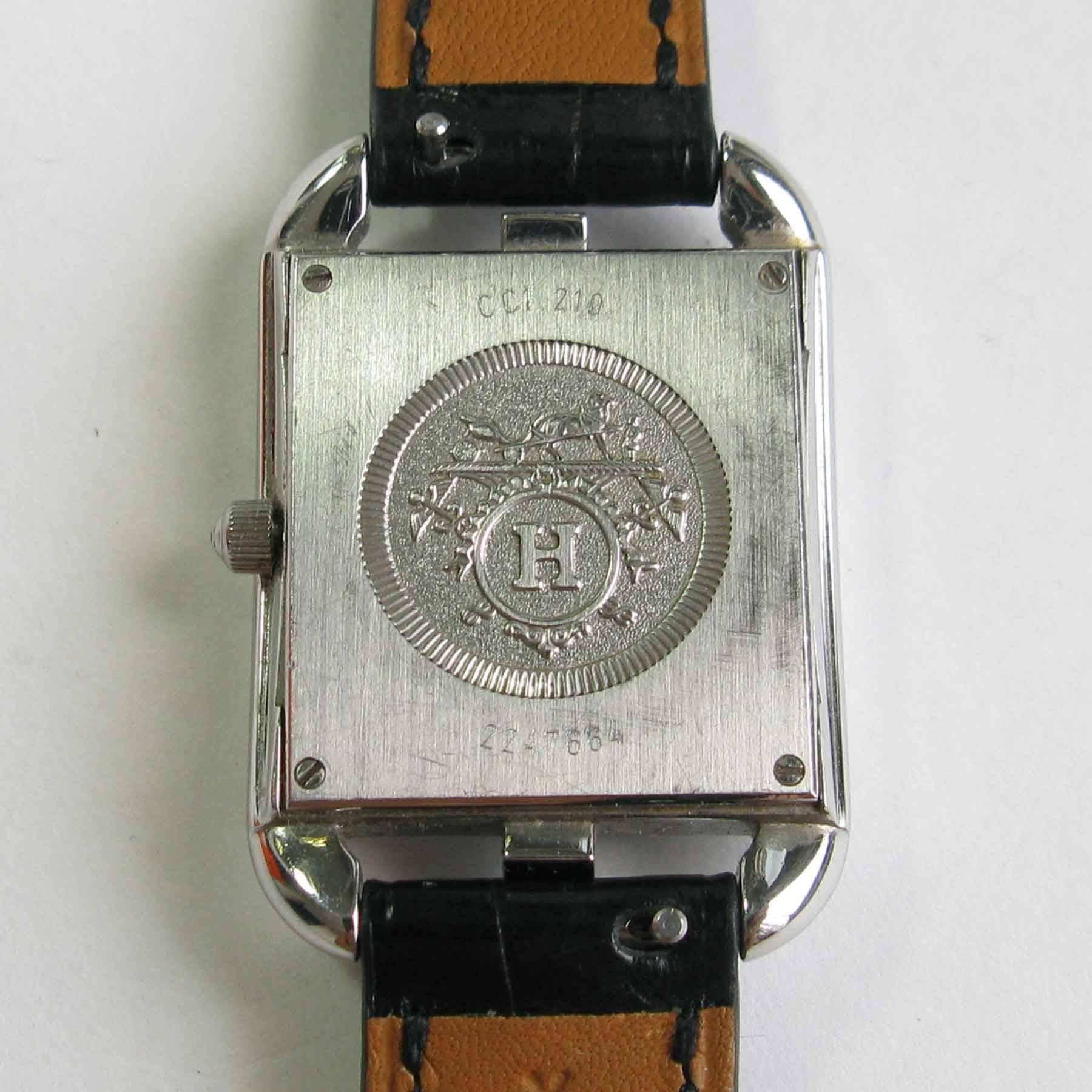 Hermès Stainless Steel Cape Cod black alligator Quartz Wrist watch   In Good Condition For Sale In Paris, FR
