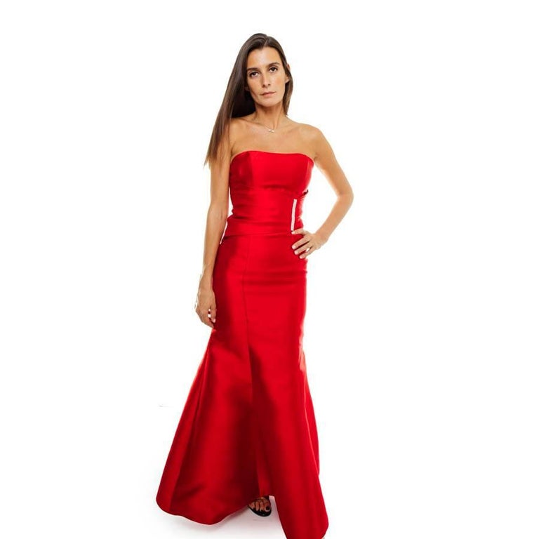 KAREN MILLEN Red Satin Long Evening Gown Size For Sale at 1stDibs