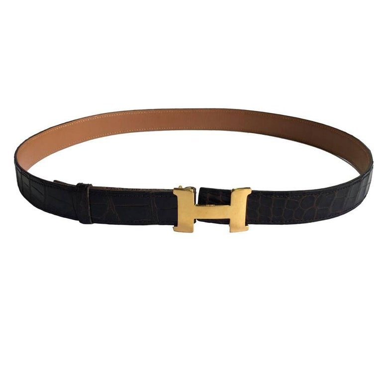 Classic leather belt with hatched effect golden H buckle - Alligator  (black, navy blue, blue)