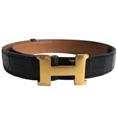 Hermès Vintage Belt in Brown Crocodile and H Buckle in Golden Brass 