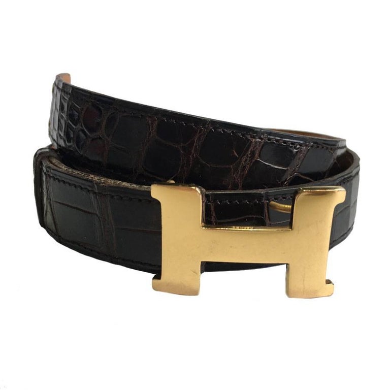 Classic leather belt with hatched effect golden H buckle