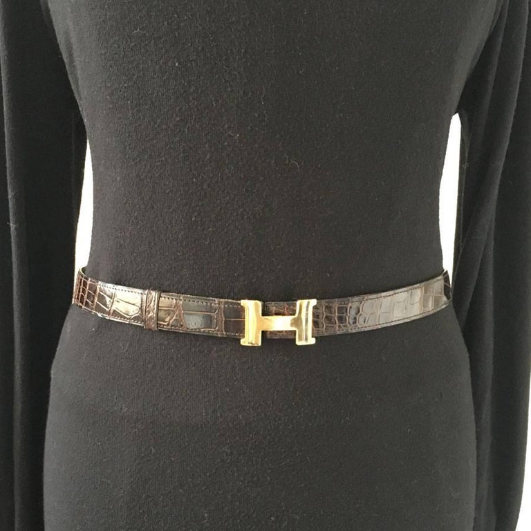 Hermès Vintage Belt in Brown Crocodile and H Buckle in Golden Brass at ...