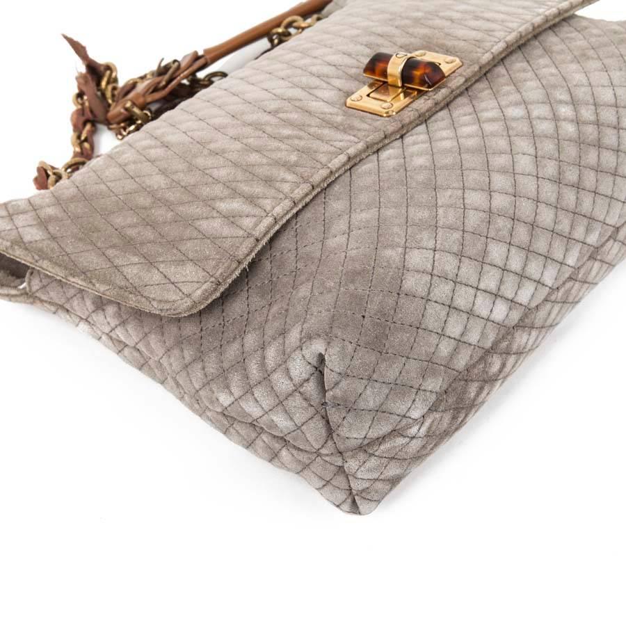 Brown Lanvin Quilted Suede Gray Mouse Bag with Aged Gold Chain