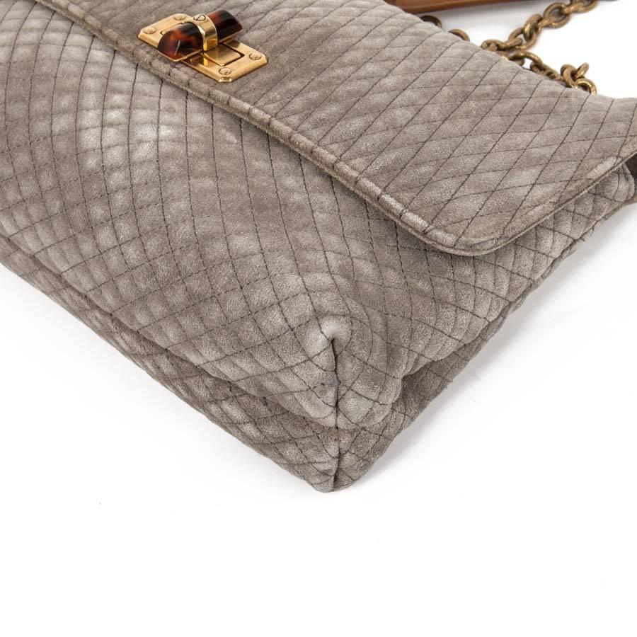 Lanvin Quilted Suede Gray Mouse Bag with Aged Gold Chain In Good Condition In Paris, FR