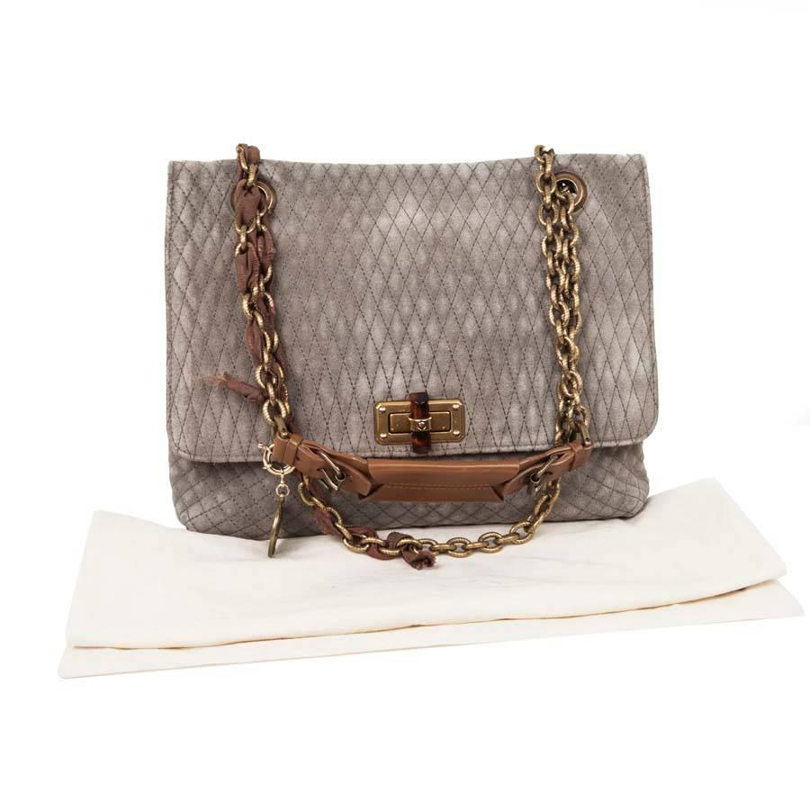 Lanvin Quilted Suede Gray Mouse Bag with Aged Gold Chain 4