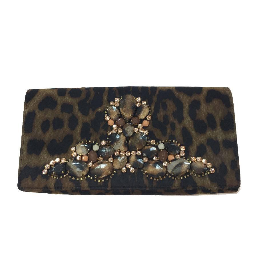 YVES SAINT LAURENT Rive Gauche Clutch in Leopard Printed Satin and Rhinestones For Sale