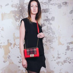 Chanel "Paris Edimbourg" Red Velvet and Plaid Fabric Boy Flap Bag