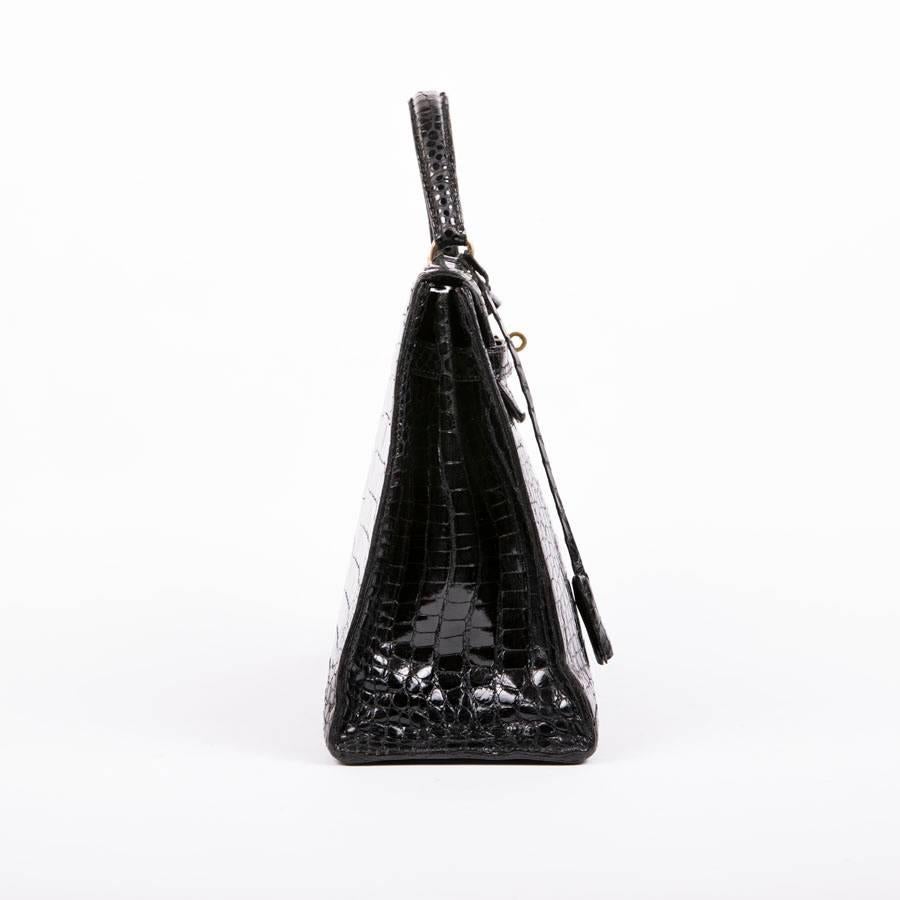 Hermès Vintage Black Varnished Crocodile Porosus Kelly 32 Bag  In Excellent Condition In Paris, FR