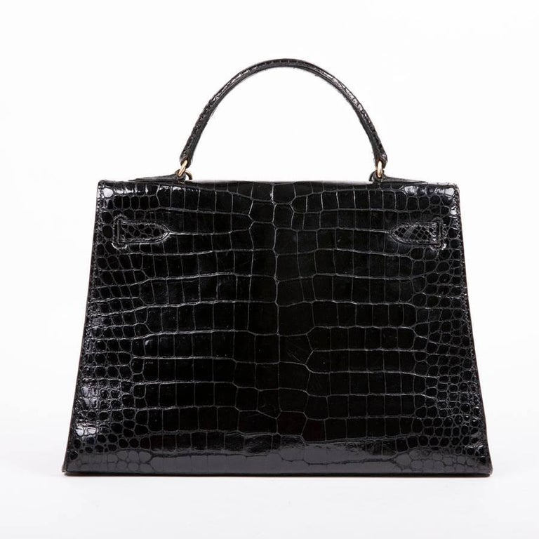 Hermès Vintage Black Varnished Crocodile Porosus Kelly 32 Bag at 1stDibs