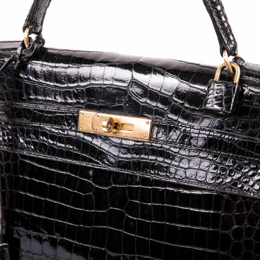 Hermès Vintage Black Varnished Crocodile Porosus Kelly 32 Bag  4