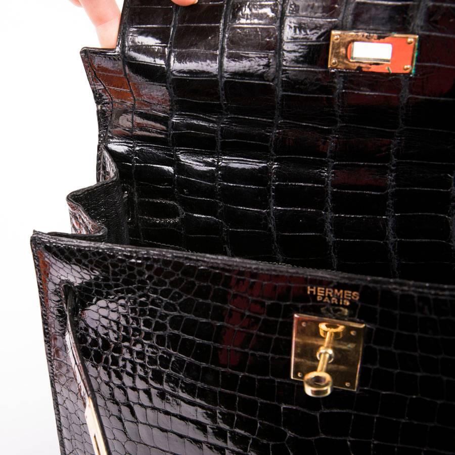 Hermès Vintage Black Varnished Crocodile Porosus Kelly 32 Bag  8