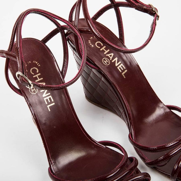 Chanel Burgundy Quilted Patent Leather Wedge Sandals at 1stDibs