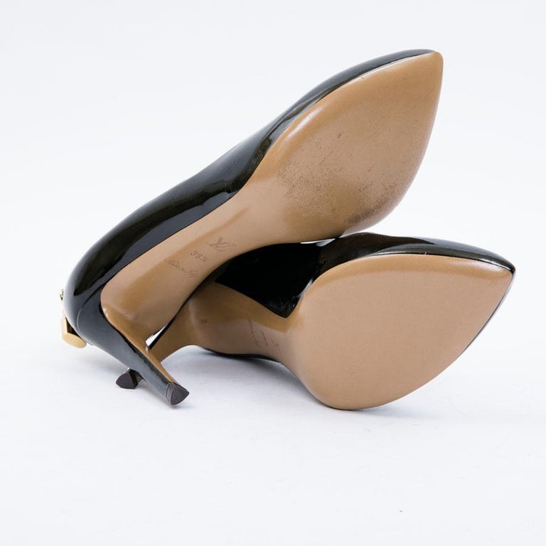 LOUIS VUITTON 'OH REALLY!' LIGHT BROWN PAT LEATHER OPEN TOE-HEELS  PUMPS 35.5-5.5