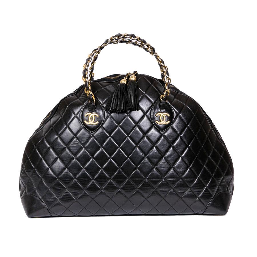 Chanel Vintage Black Quilted Lamb Leather Large Tote Bag 