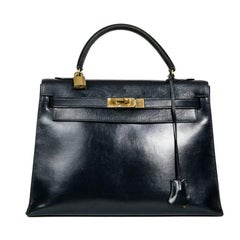 HERMES Kelly 32 Vintage Bag in Navy Blue Box Leather