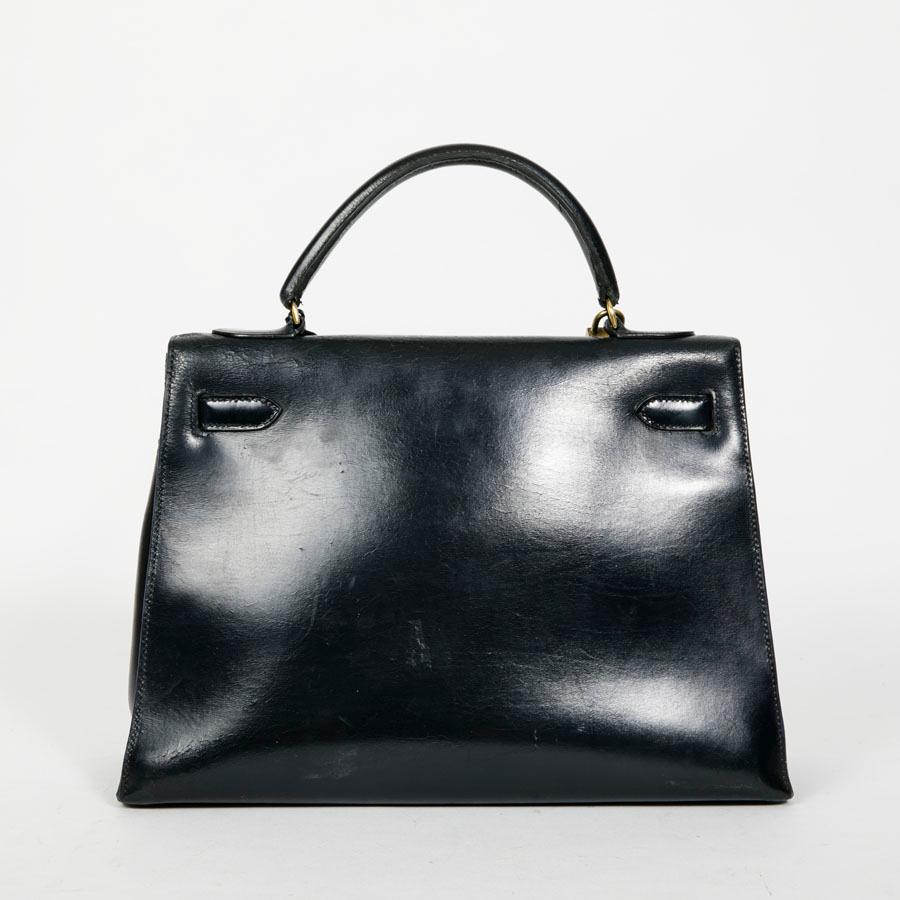 Black HERMES Kelly 32 Vintage Bag in Navy Blue Box Leather