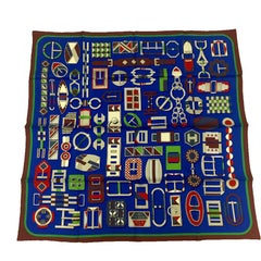 HERMES Scarf 'Carré en Boucles' in Royal Blue, Burgundy and Green Silk