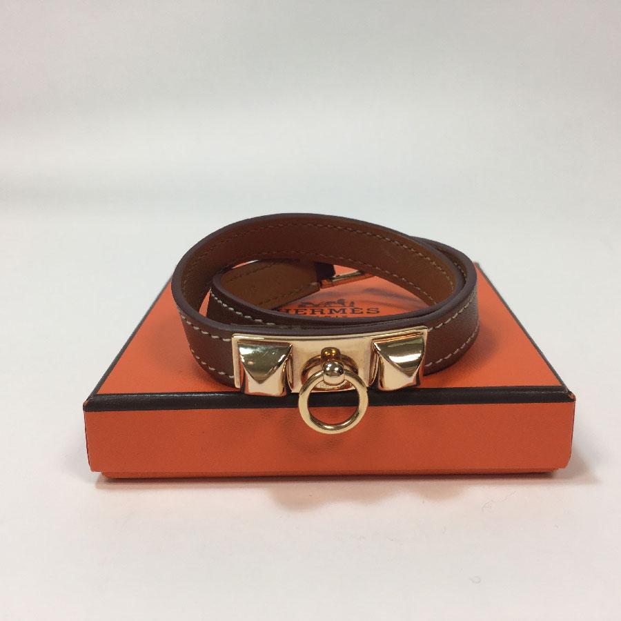 HERMES 'Rivale Double Tour' Bracelet in Brown Swift Leather and Gold Plate Studs 1