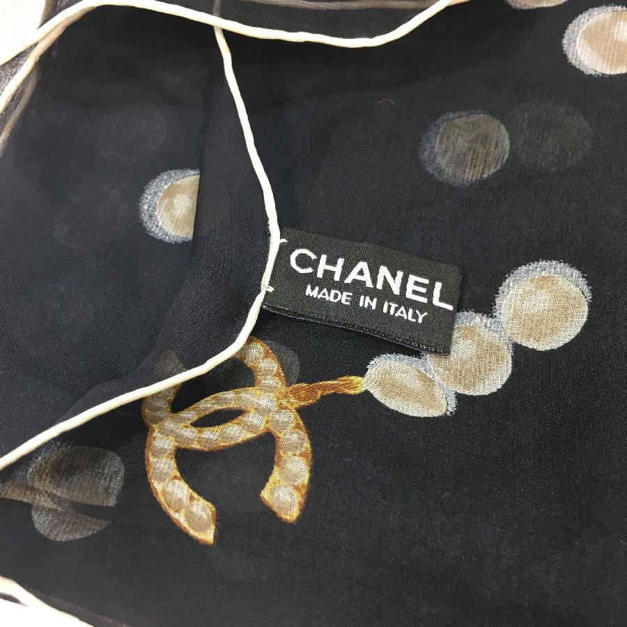 CHANEL Long Scarf in Black Chiffon with Pearls Pattern In Excellent Condition In Paris, FR