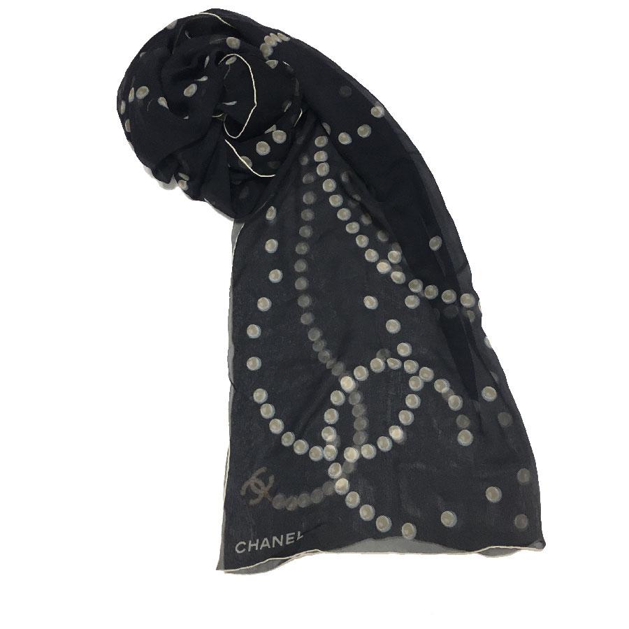 CHANEL Long Scarf in Black Chiffon with Pearls Pattern