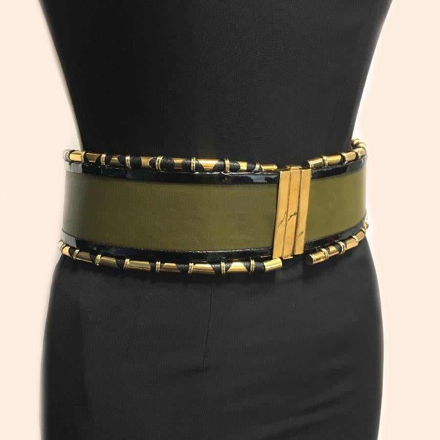 Women's BALMAIN High Waist Belt in Khaki Leather and Golden Metal Tubes Size 40