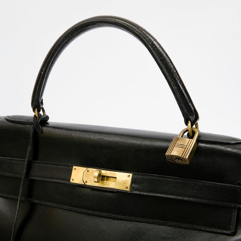 HERMES Vintage Kelly 32 Bag in Black Box Leather For Sale at 1stDibs