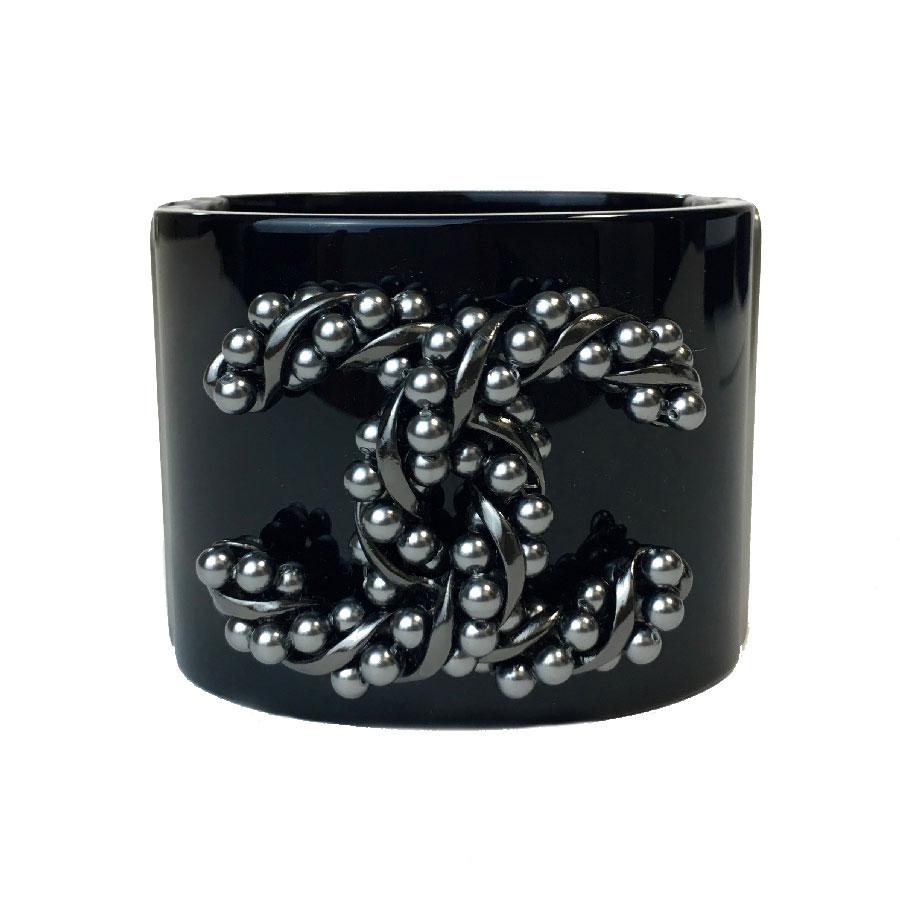 Chanel Cuff Bracelet in Black Plexiglass and CC in Gunmetal Color Metal