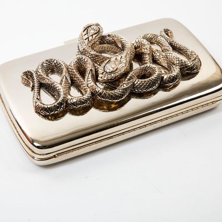 Roberto Cavalli Mirror Effect Gilt Metal and Snake Ornament Minaudière  For Sale 2