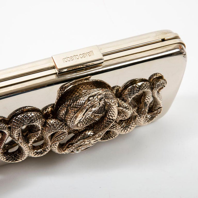 Roberto Cavalli Mirror Effect Gilt Metal and Snake Ornament Minaudière  For Sale 3