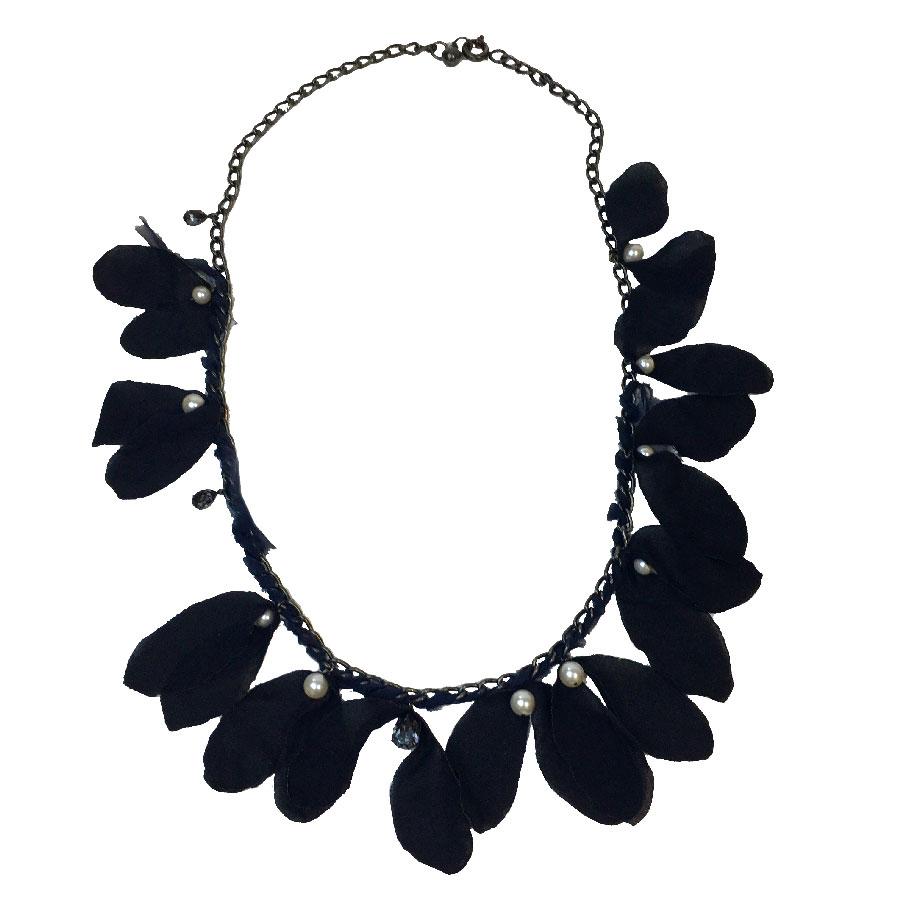 LANVIN Long Necklace in Metal, Black Silk Crepe, Pearls and Rhinestones For Sale