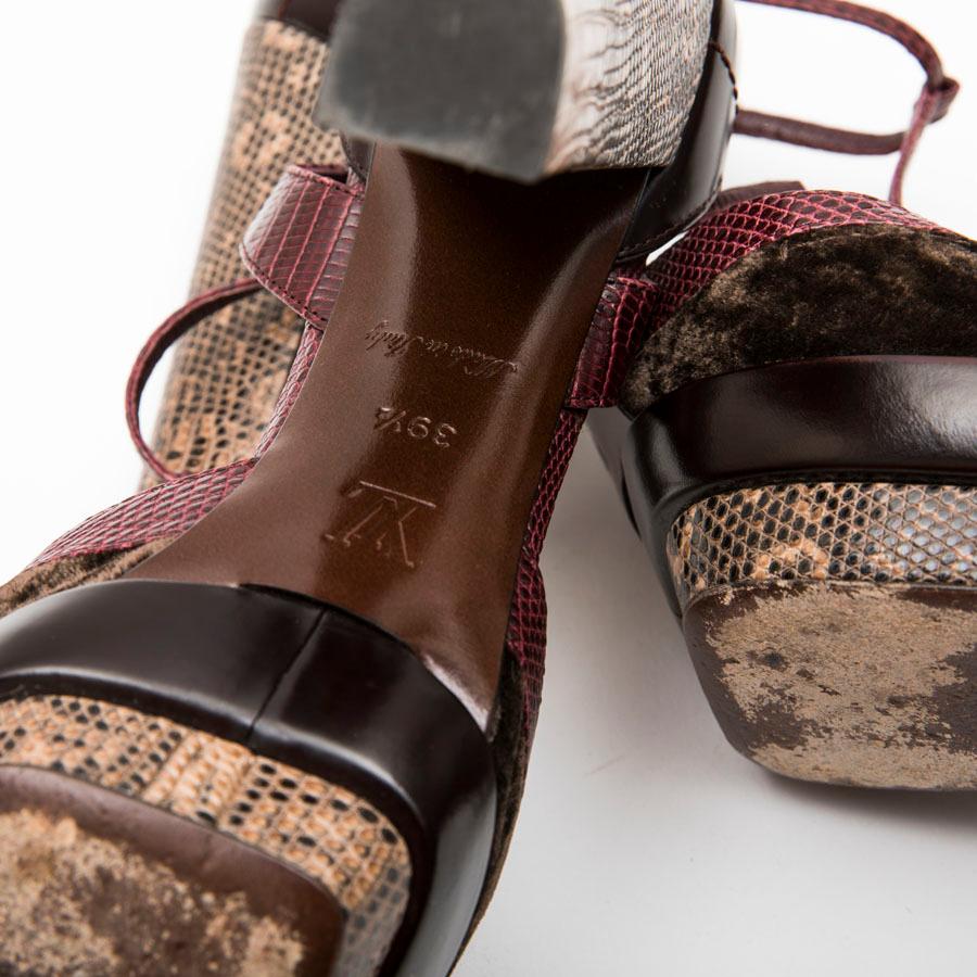 LOUIS VUITTON High Heels Sandals in Burgundy Leather and Lizard and Brown Velvet In Good Condition For Sale In Paris, FR