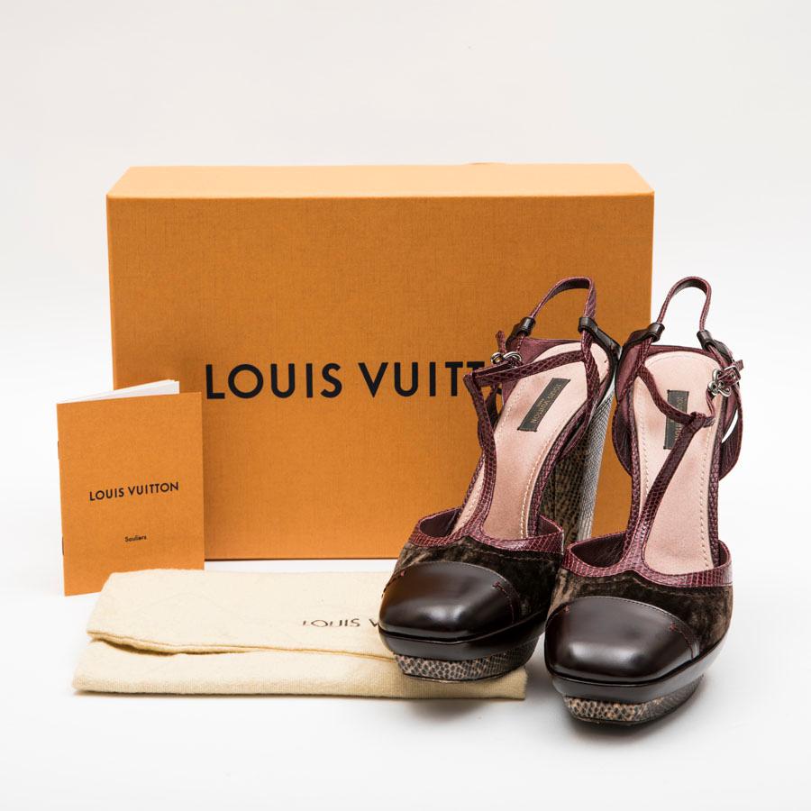LOUIS VUITTON High Heels Sandals in Burgundy Leather and Lizard and Brown Velvet For Sale 1