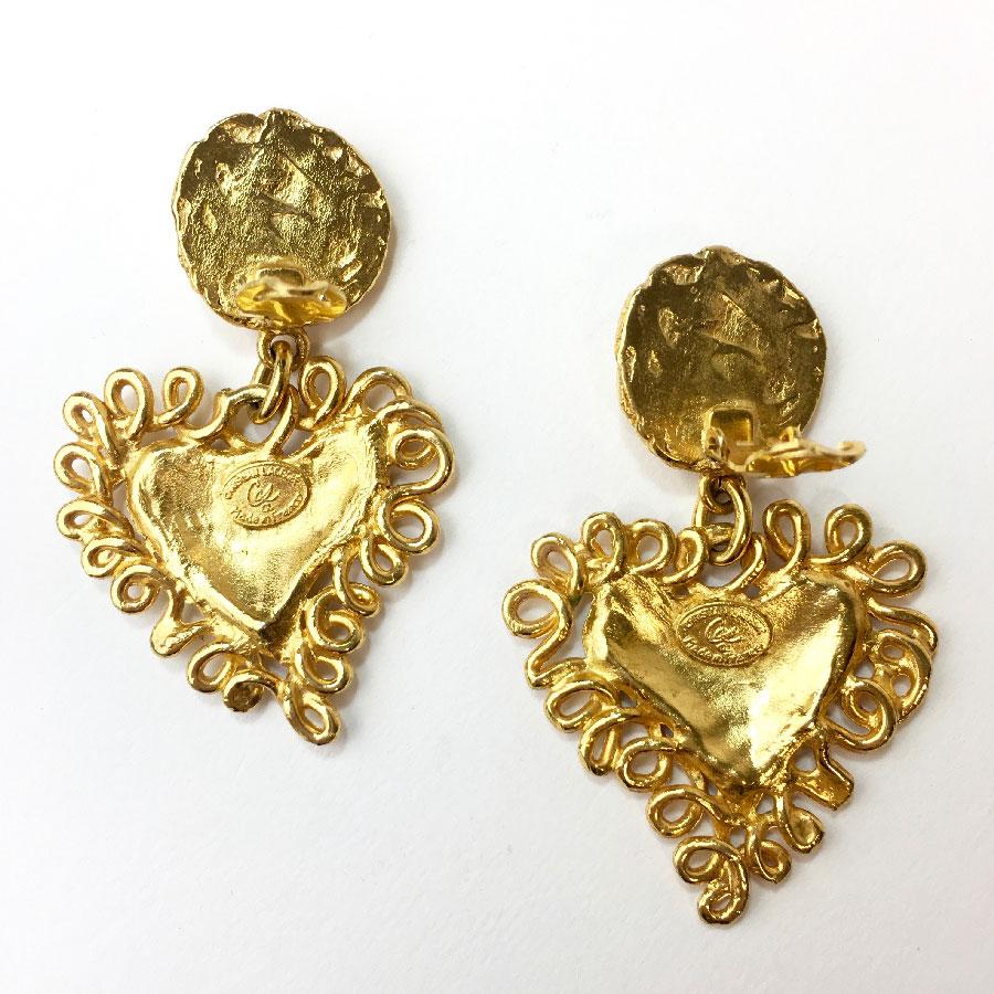 CHRISTIAN LACROIX Vintage Heart Clip-on Earrings in Gilt Metal and Rhinestone 1