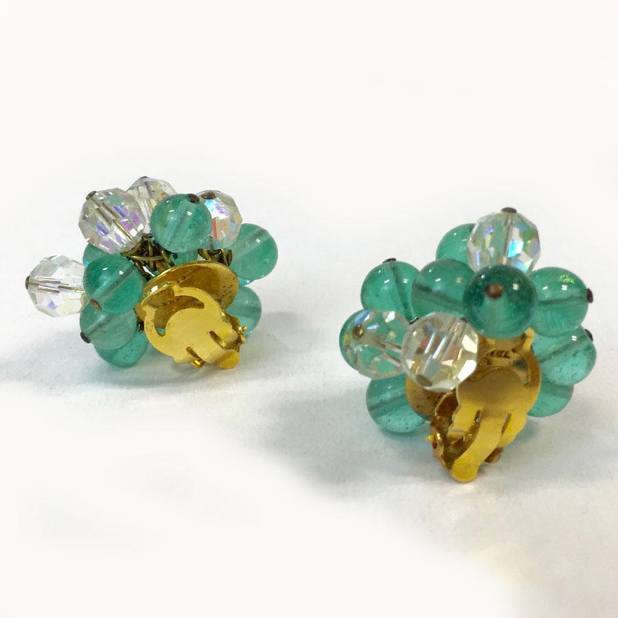 CHANEL Vintage Clip-on Earrings in Green Water and Transparent Molten Glass In Excellent Condition In Paris, FR