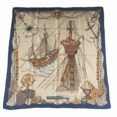 Vintage HERMES Collector 'Caravelle' Scarf in Beige, Gold and Brown Silk