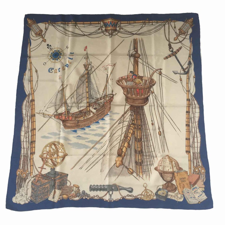 HERMES Collector 'Caravelle' Scarf in Beige, Gold and Brown Silk at 1stDibs