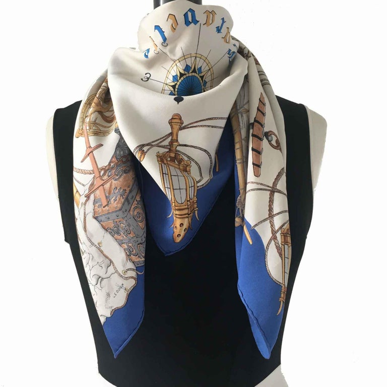 HERMES Collector 'Caravelle' Scarf in Beige, Gold and Brown Silk at 1stDibs