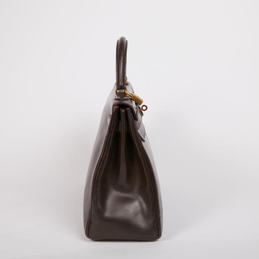 Black HERMES Vintage Kelly 32 Handbag in Brown Box Leather