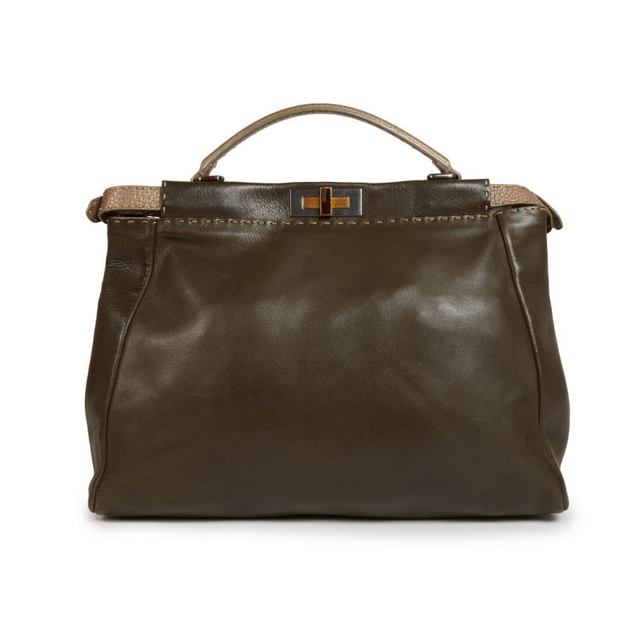 Beige FENDI Tote Bag, Peekaboo Model, in Two-Tone khaki and iridescent brown Leather