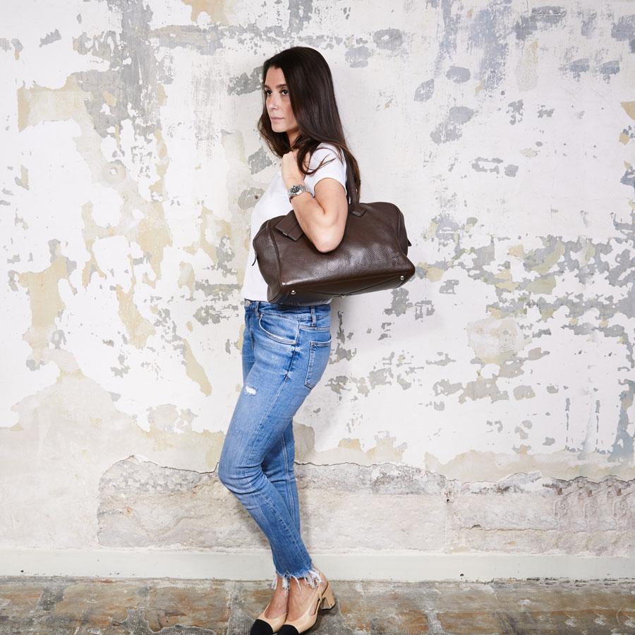Black HERMES Victoria Tote Bag in Chocolate Clémence Taurillon Leather