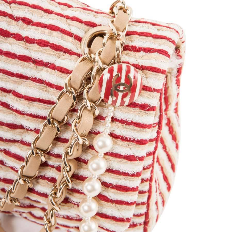 CHANEL Timeless Flap Shoulder Bag in Fabric, Tricolor Lace and Pearls Chain 1