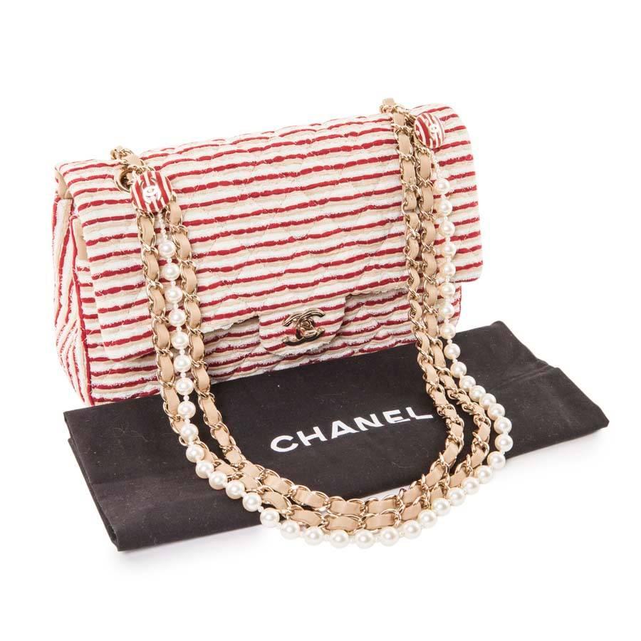 CHANEL Timeless Flap Shoulder Bag in Fabric, Tricolor Lace and Pearls Chain 2