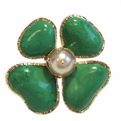 MARGUERITE DE VALOIS Ring Four-leaf Clover in green Molten Glass and Pearl 2