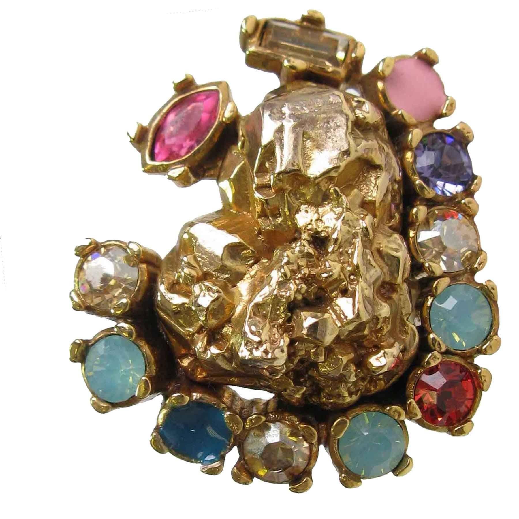 YVES SAINT LAURENT Heart Ring in Gilded Metal and Multicolored Rhinestones S49EU