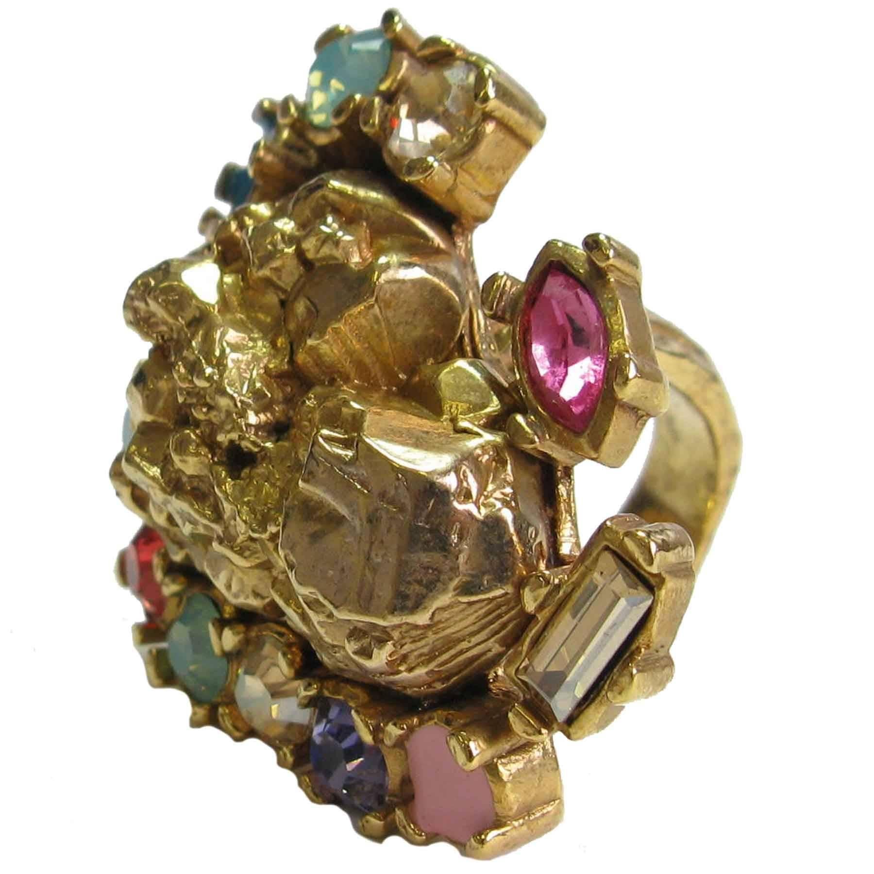 Women's YVES SAINT LAURENT Heart Ring in Gilded Metal and Multicolored Rhinestones S49EU